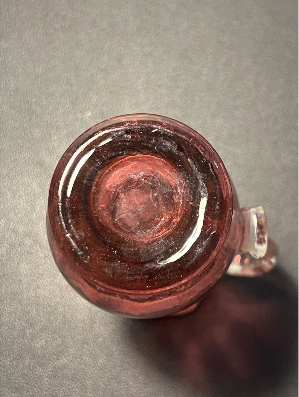 Pilgrim Glass 1970s Pitcher Hand-Blown Cranberry Glass Clear Handle, 3x5.5”